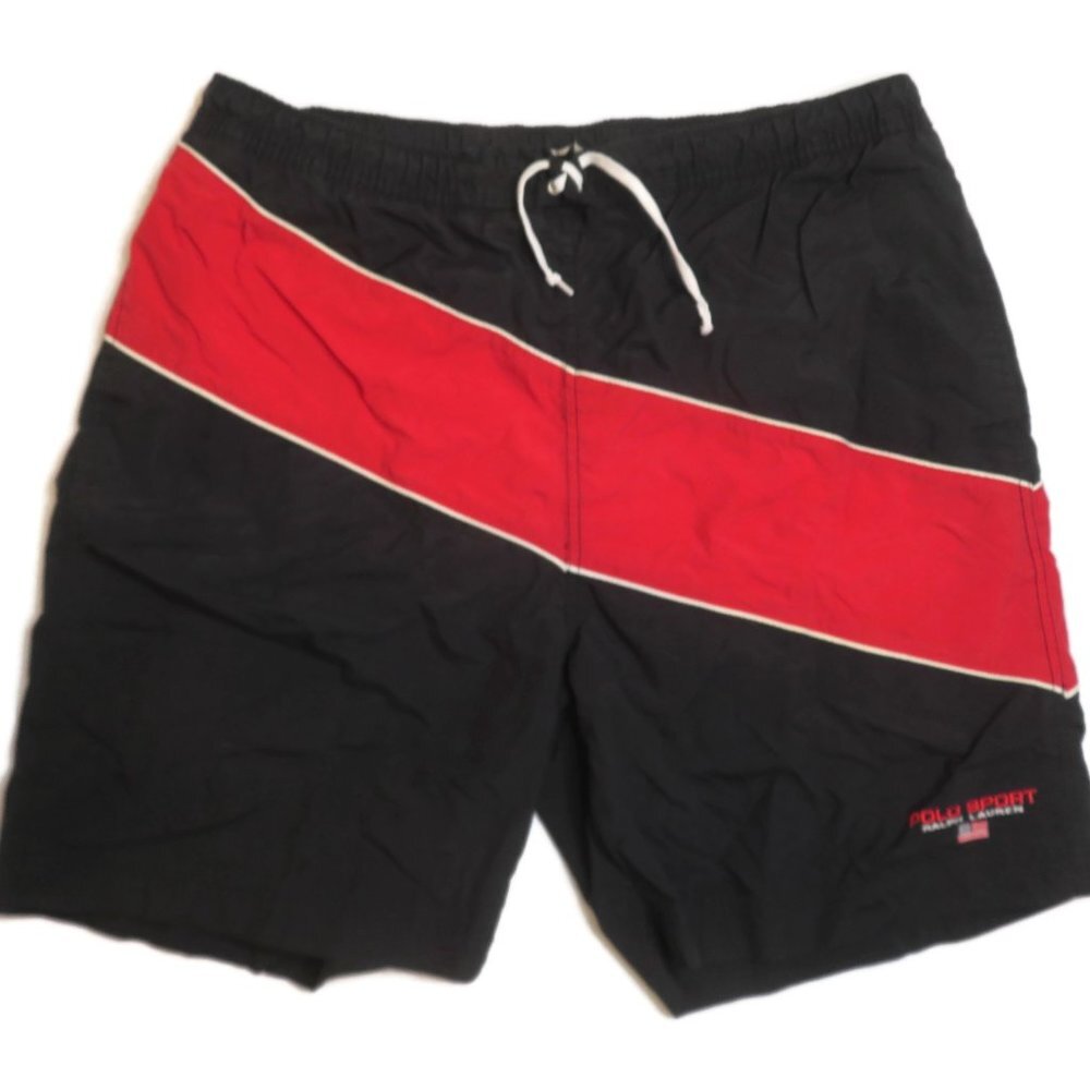 Ralph Lauren Polo Sport Mens Swim Trunks Board Shorts Rugby Stripe XL‎ Black Red